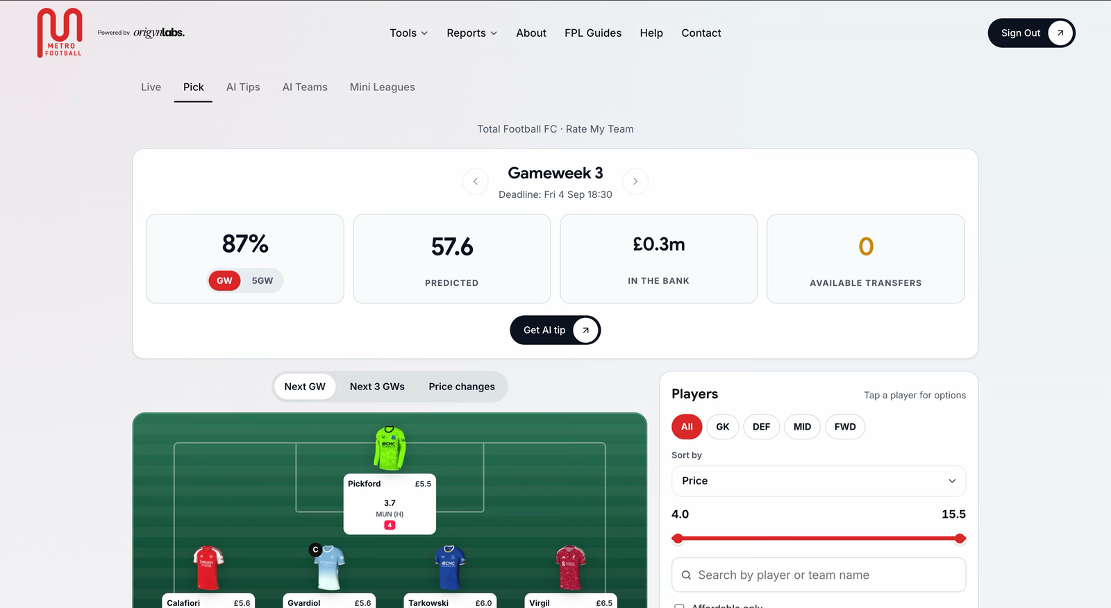 Metro Football Rate My Team dashboard for checking an FPL squad