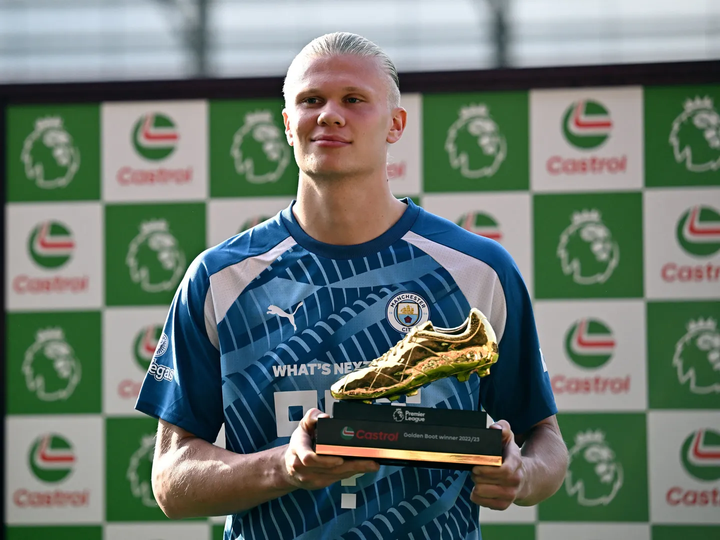 Erling Haaland holding the Premier League Golden Boot.